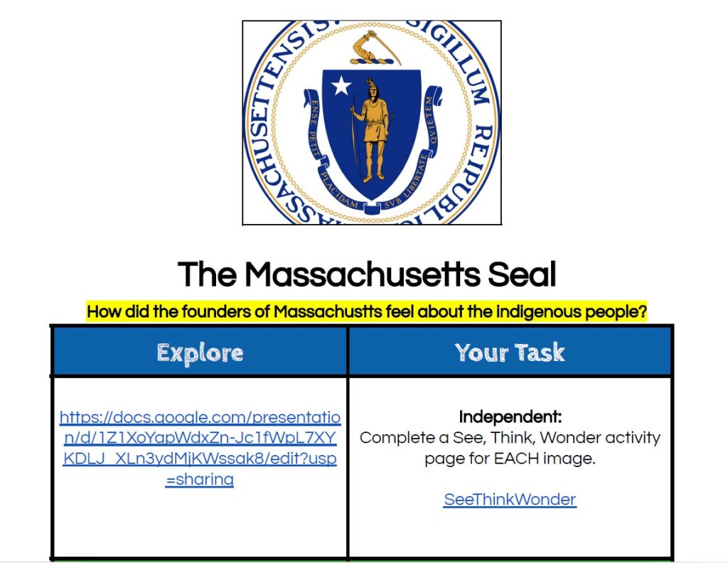Massachusetts seal classroom worksheet.