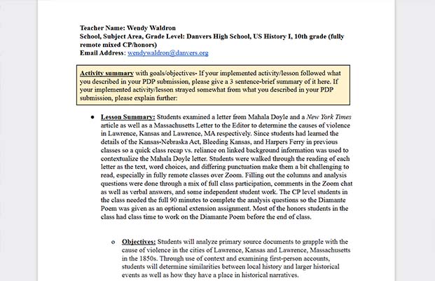 Wendy Waldron's reflection on how the implemented lesson went